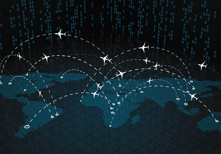 A digital 3D illustration of a blue dotted world map on a dark background. White airplane icons fly across the globe, connected by curved dashed lines representing international flight paths and global connectivity.