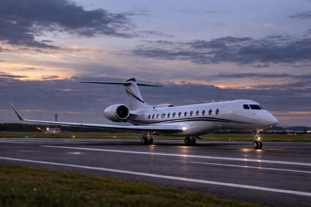 A low-angle, three-quarter view of a white luxury private business jet on a wet asphalt airport taxiway at twilight. The sky is dark blue with wispy orange clouds along the horizon. The jet features black racing stripes, prominent silver engines, and illuminated navigation and taxi lights on the wings and wheels. White painted lines mark the runway and grass is visible in the foreground.
